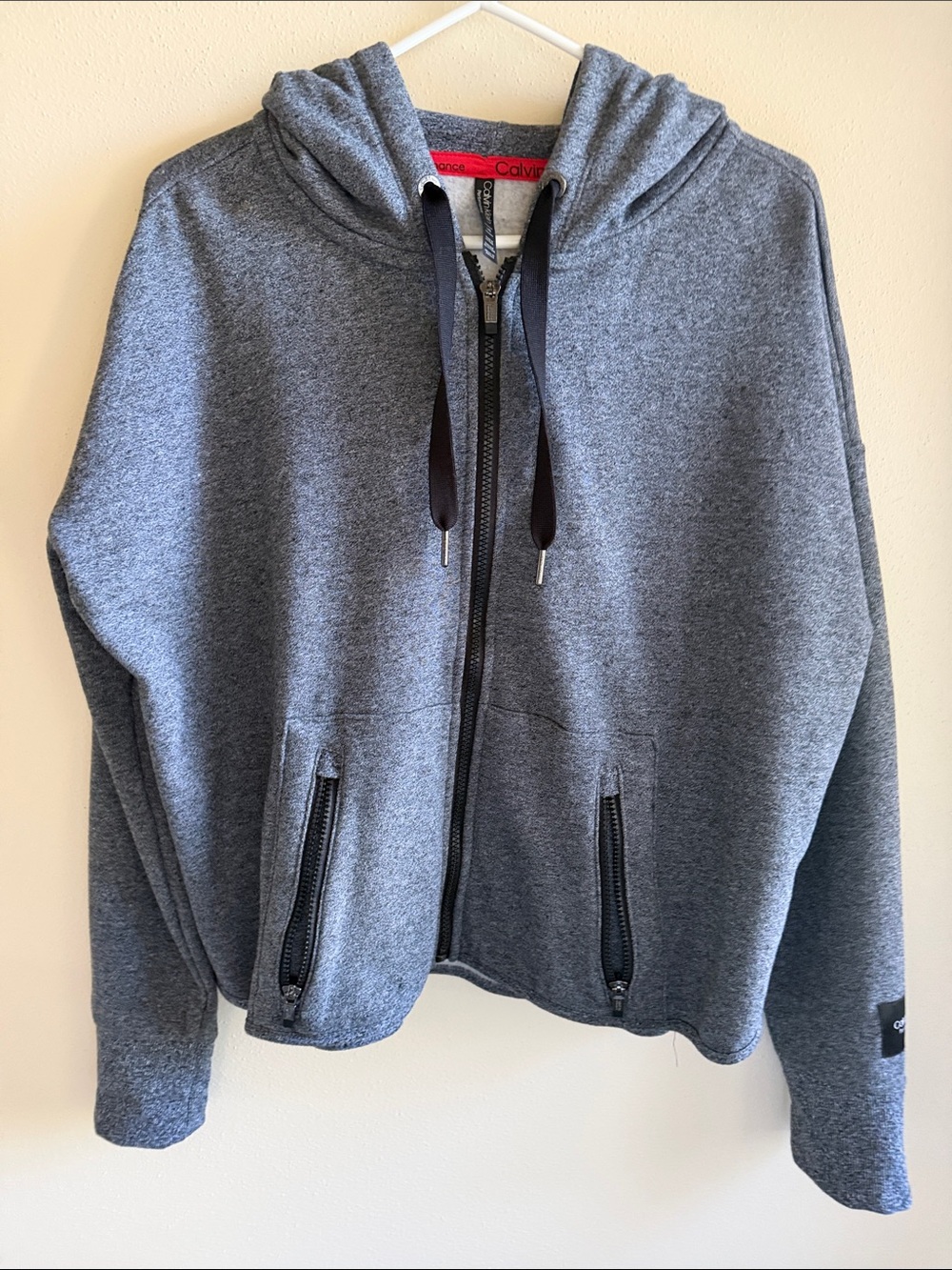 Calvin Klein Performance Heather Gray Full-Zip Hoodie with Black Drawstrings